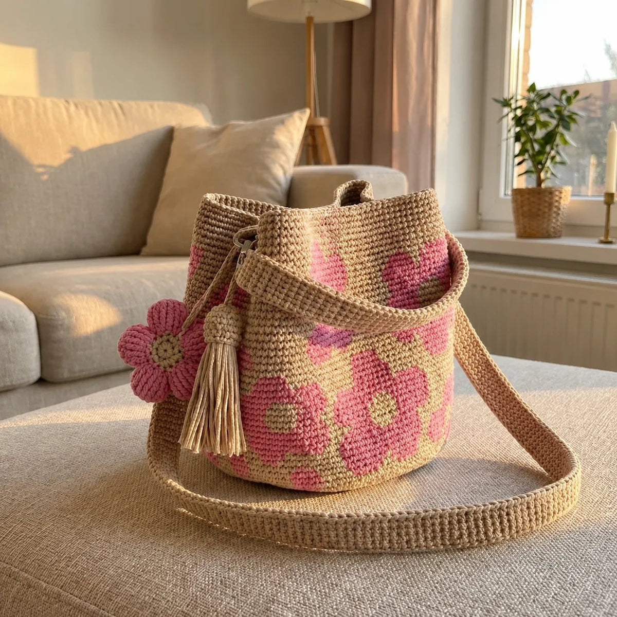 Pink woven flower bag on a sofa