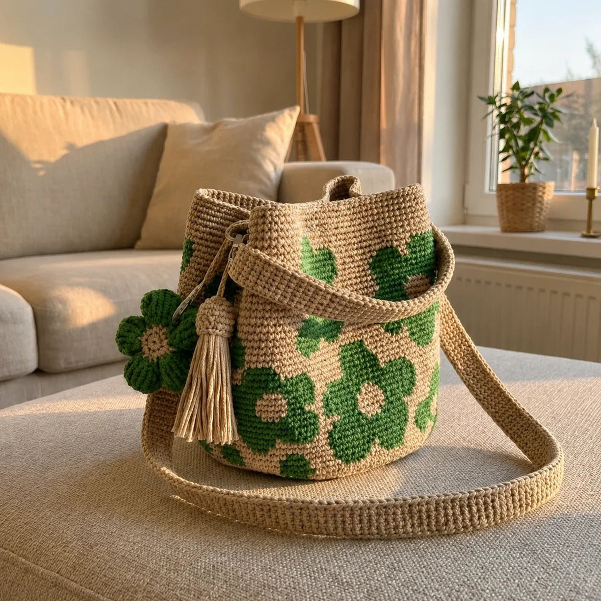 Green woven flower bag on a sofa