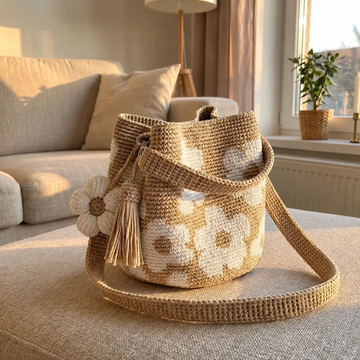 Bolso de flores tejido blanco